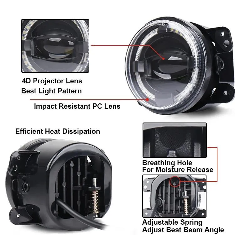 2 Pcs 4 Inch LED Angel Eye Fog Lights | Jeep Wrangler / Dodge / Chrysler PT Cruiser | White Light