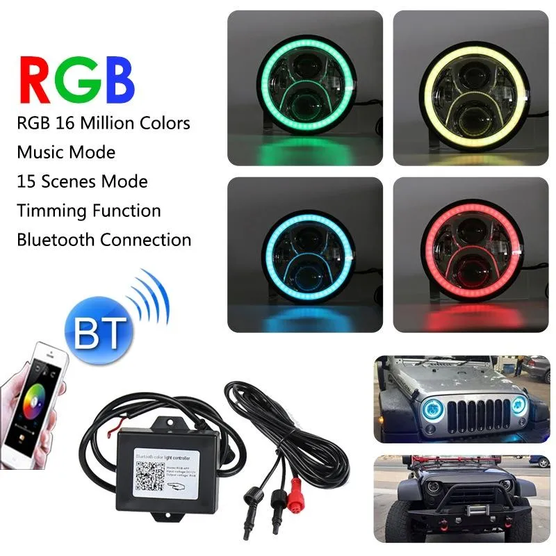2x 7" LED Headlights | DC 12V | 6000K-6500K | 50W | Cree Lamp Beads | Jeep Wrangler / Harley | App & Bluetooth Control | Black