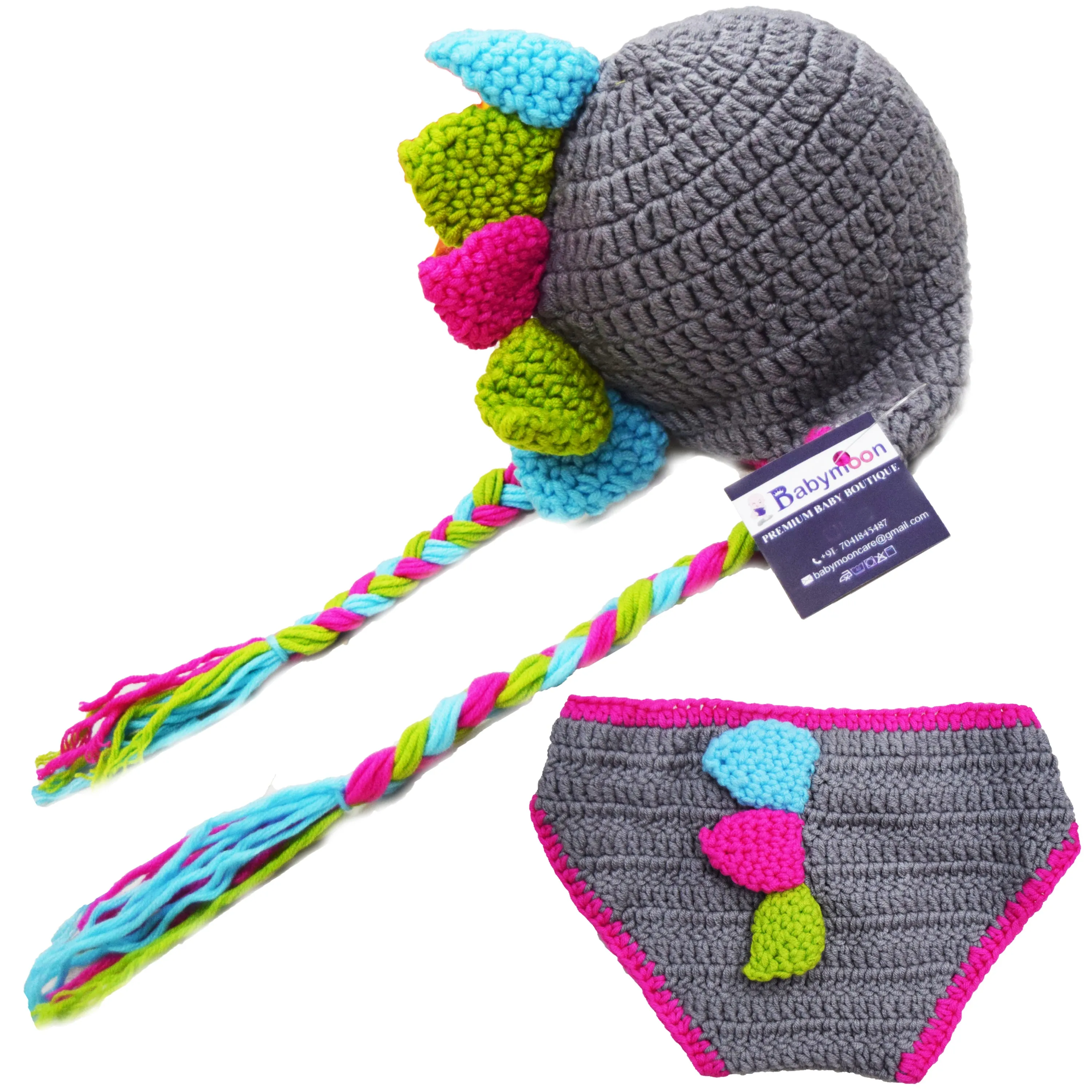 Babymoon Dinosaur Newborn Photography Crochet Outfit Costume - Grey