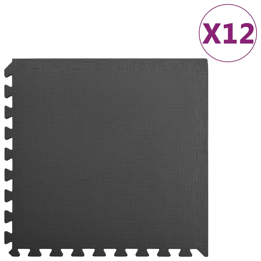 Black Foam Interlocking Floor Mats - 12 Piece Set for Play Areas