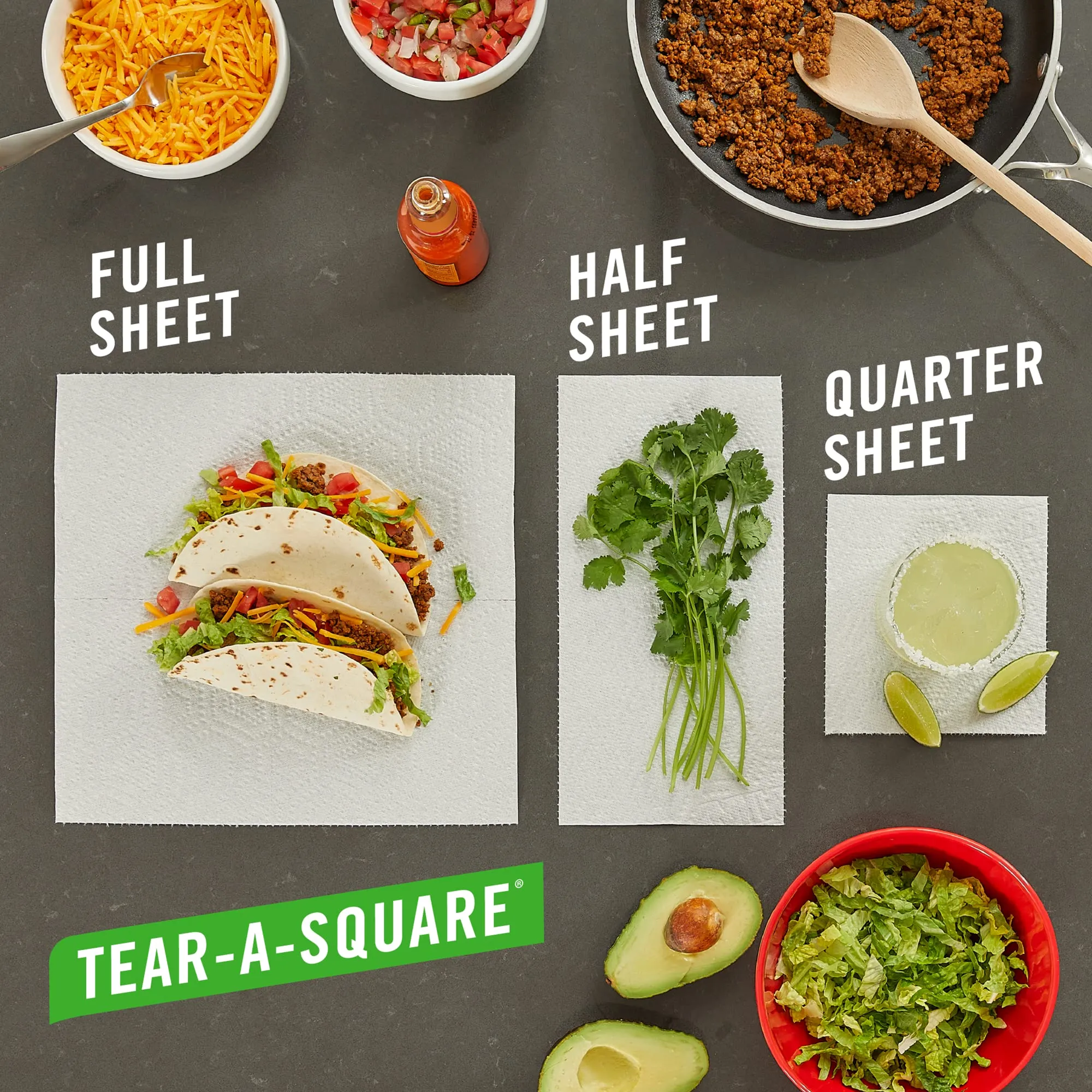 Brawny Tear-A-Square Paper Towels, 12 Family Rolls = 30 Regular Rolls, 2X More Durable*, 3 Sheet Sizes, Strong and absorbent extra-large roll